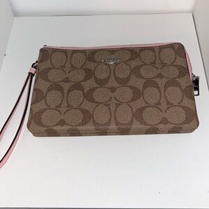 Coach Double Zip Wallet Pink And Brown Wristlet
